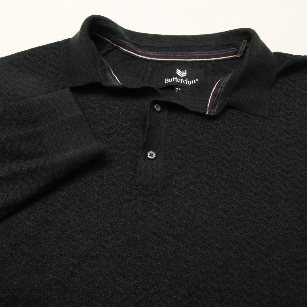 Buttercloth Sweater Mens 2XL Black Long Sleeve Polo Collared Knit Pullover Soft